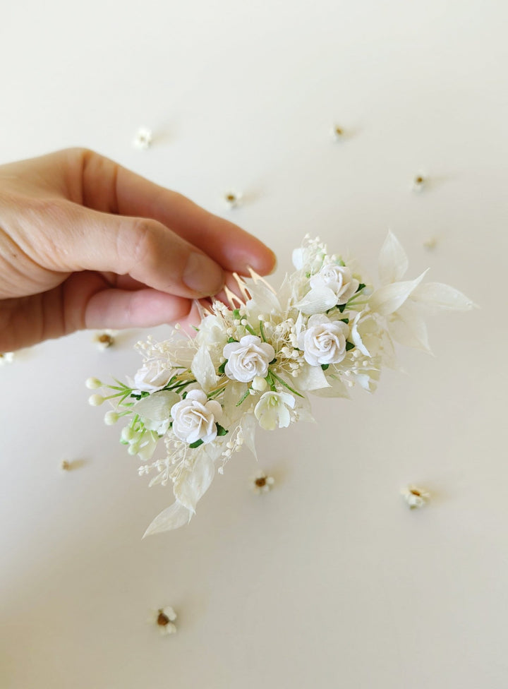 White Rose Flower Hair Comb: First Communion Headpiece – handmade floral hair accessory by magaela