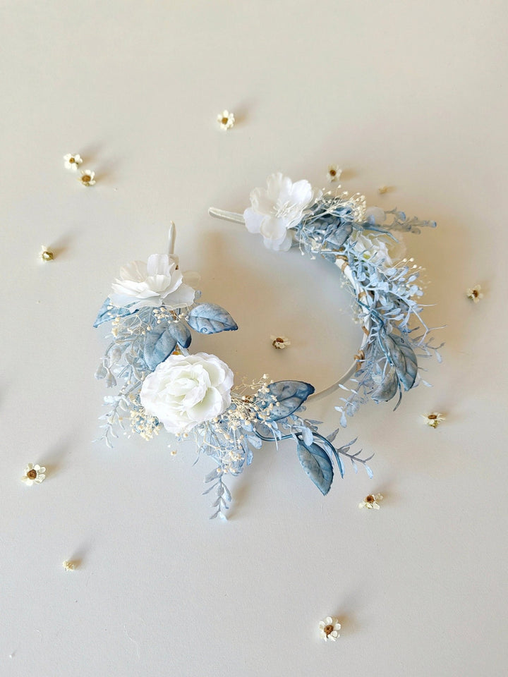 White & Blue Flower Crown: First Communion Bridal Headpiece – handmade floral hair accessory by magaela