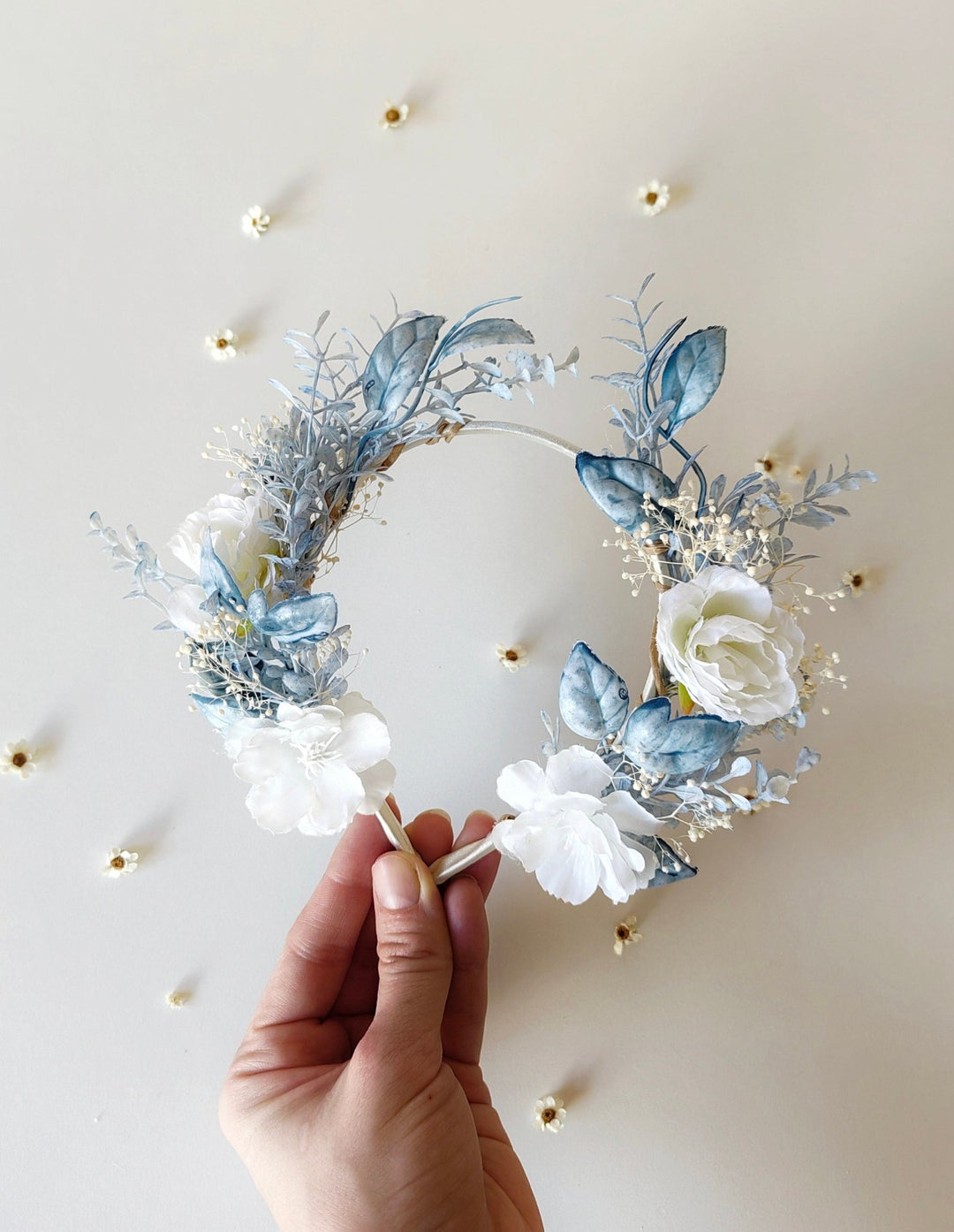 White & Blue Flower Crown: First Communion Bridal Headpiece – handmade floral hair accessory by magaela