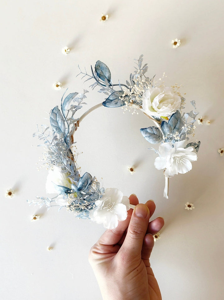 White & Blue Flower Crown: First Communion Bridal Headpiece – handmade floral hair accessory by magaela