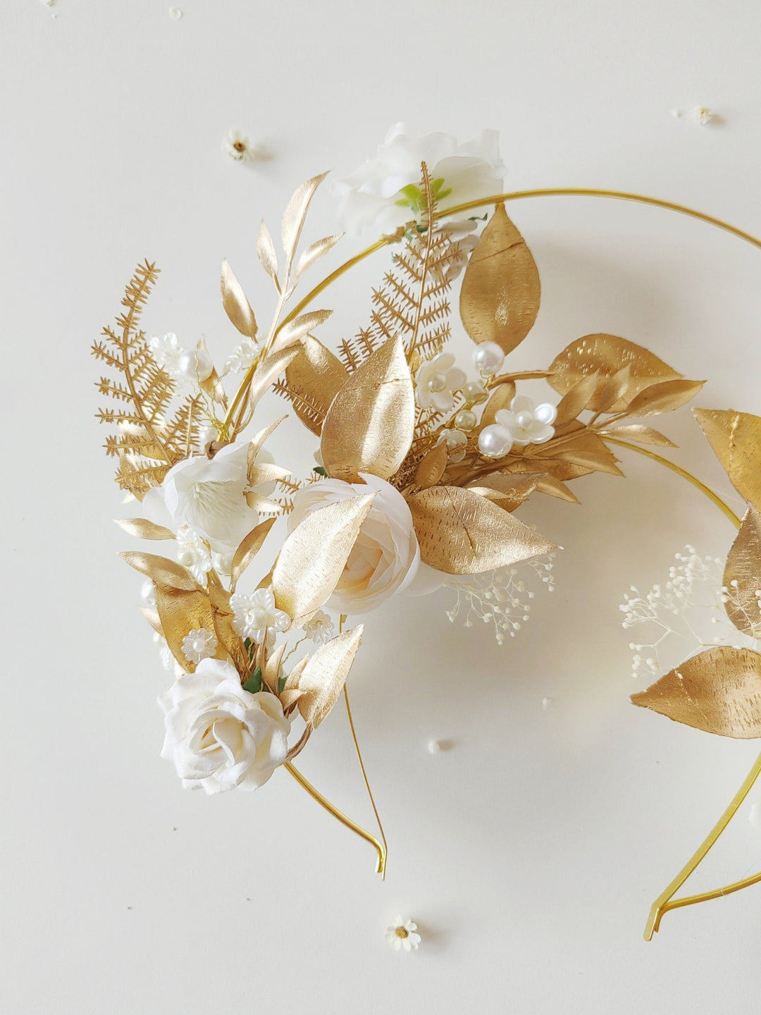 Golden Halo Crown: White Flower Headband, Holy Communion, Bridal – handmade floral hair accessory by magaela