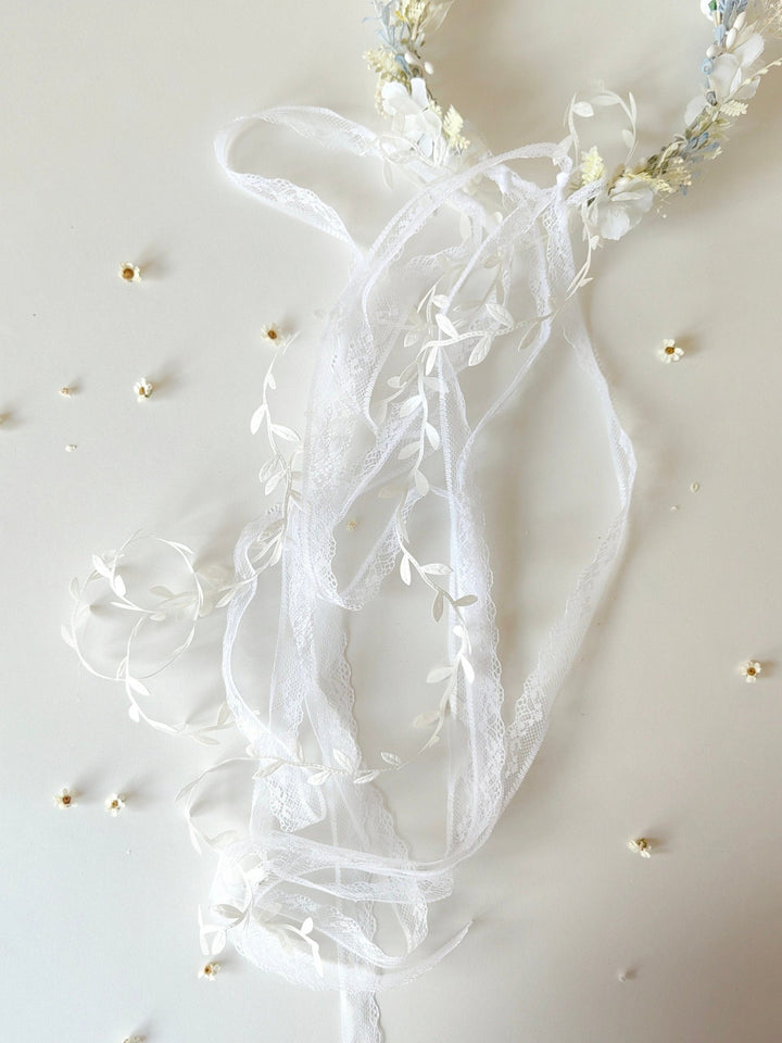White Flower Hair Wreath with Veil: First Communion Headpiece – handmade floral hair accessory by magaela