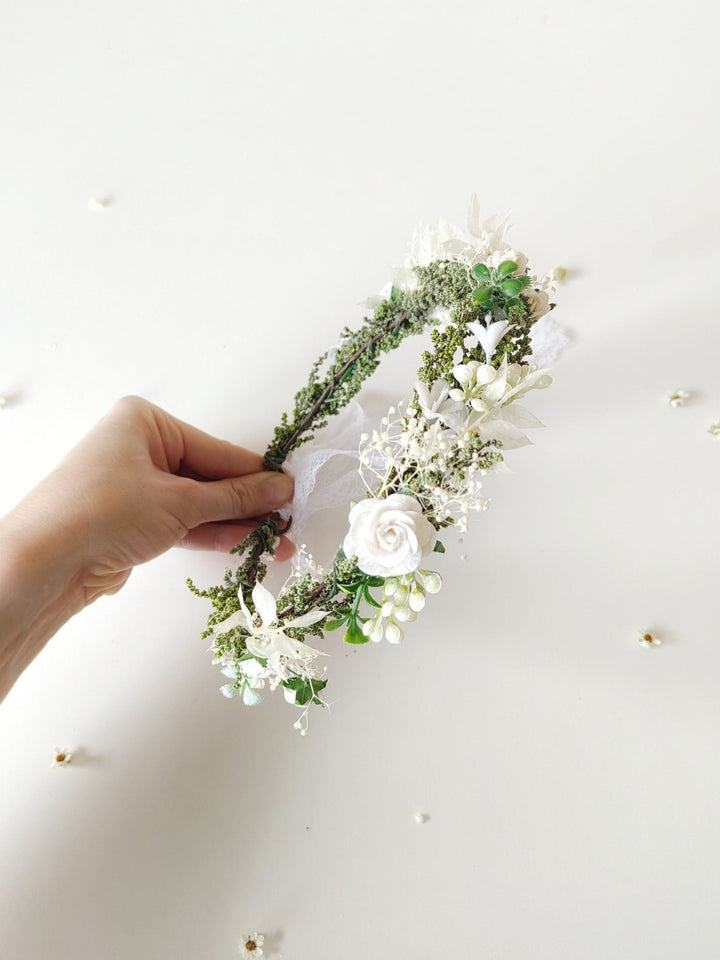 White Rose Flower Crown: First Communion Hair Wreath – handmade floral hair accessory by magaela