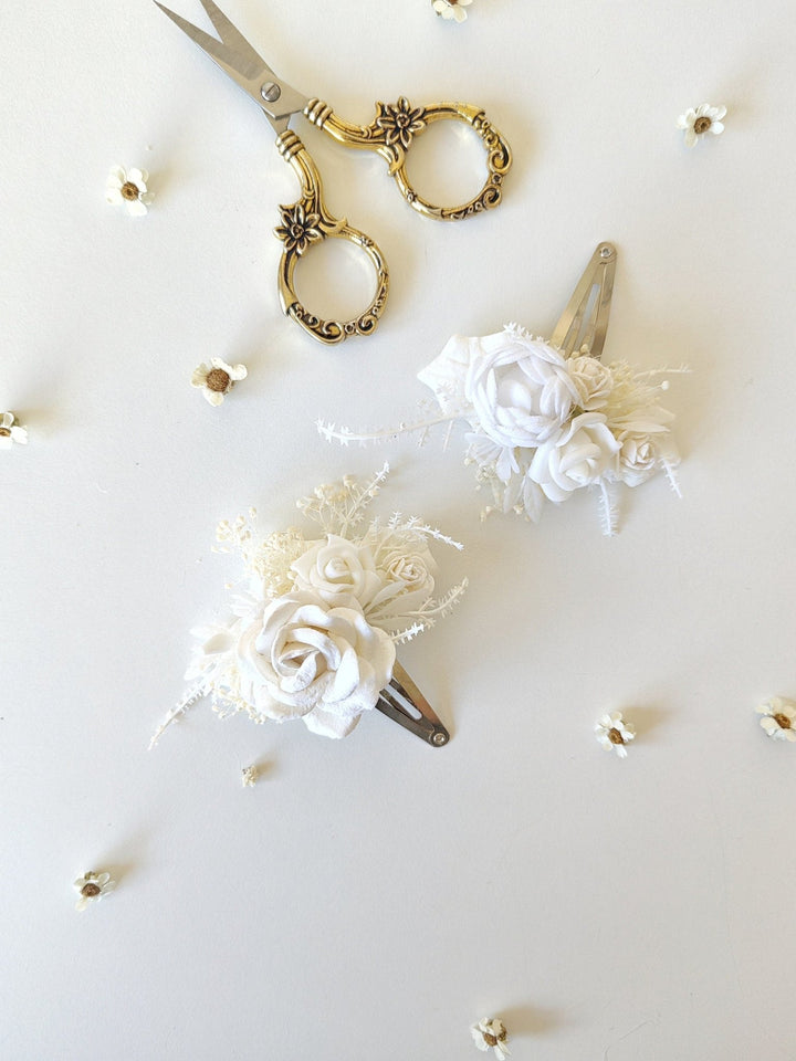 White Rose Hair Clip: First Communion Floral Headpiece – handmade floral hair accessory by magaela
