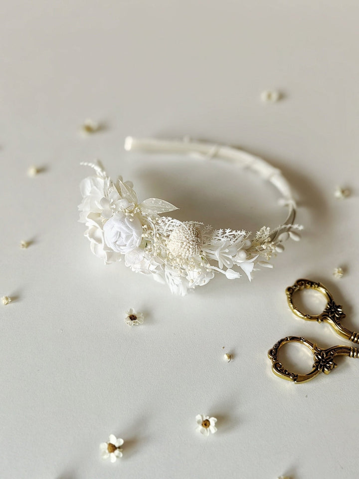 White Floral Headband: First Communion Flower Headpiece – handmade floral hair accessory by magaela