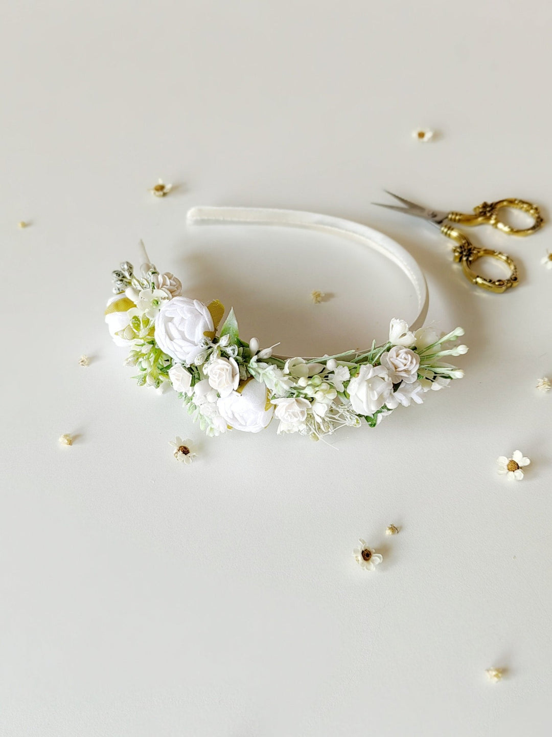 White Peonies Flower Headband: First Communion Crown – handmade floral hair accessory by magaela