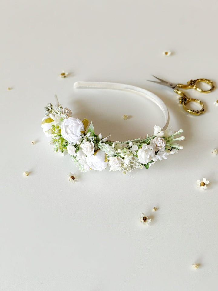 White Peonies Flower Headband: First Communion Crown – handmade floral hair accessory by magaela