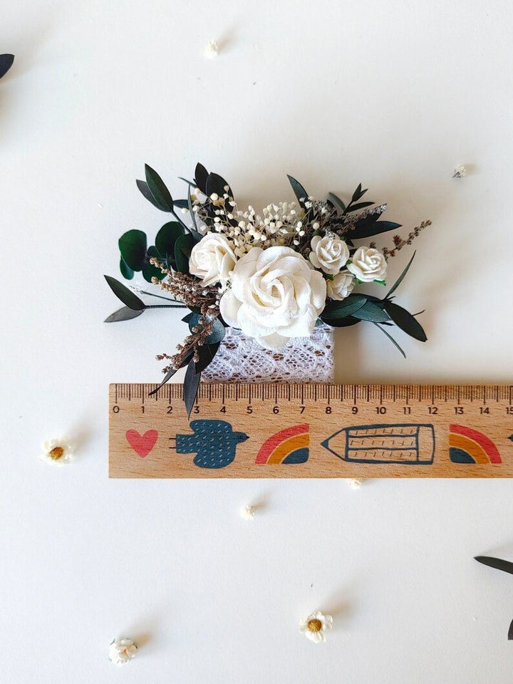 White Rose Eucalyptus Wedding Set: Bouquet, Crown, Boutonniere – handmade floral hair accessory by magaela