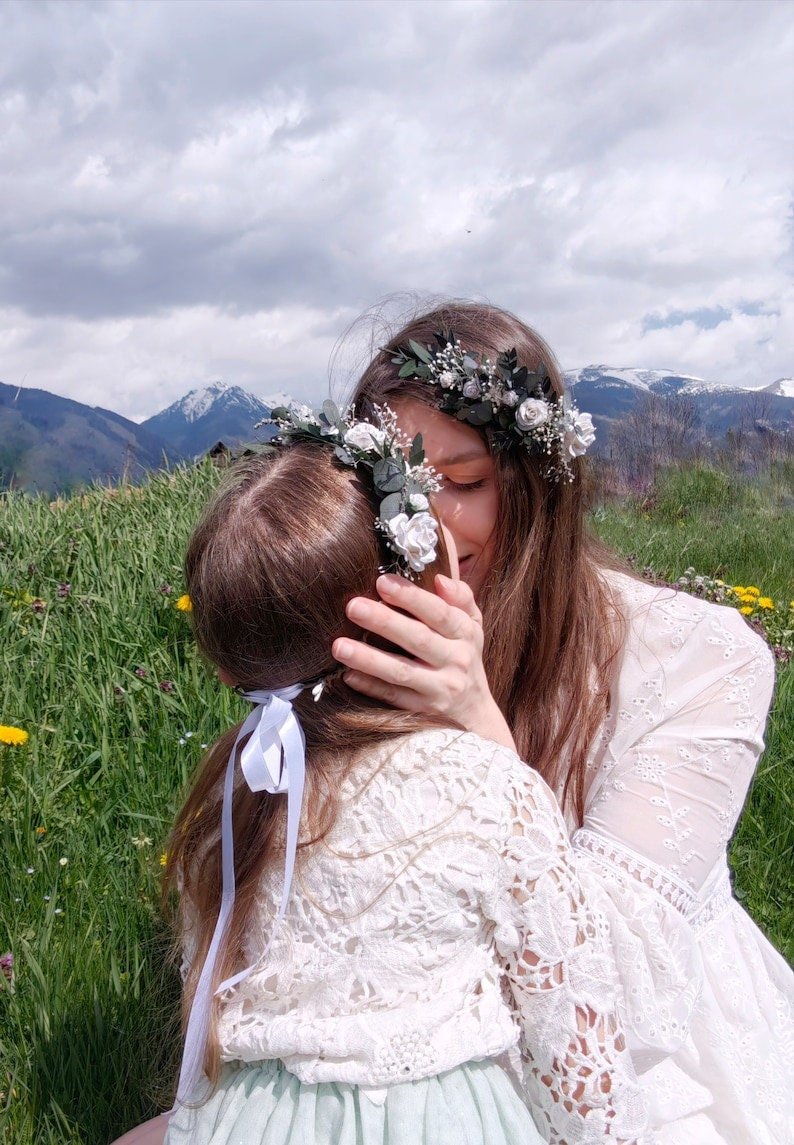 White Rose Eucalyptus Wedding Set: Bouquet, Crown, Boutonniere – handmade floral hair accessory by magaela