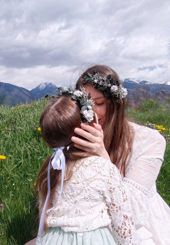 White Rose Eucalyptus Wedding Set: Bouquet, Crown, Boutonniere – handmade floral hair accessory by magaela