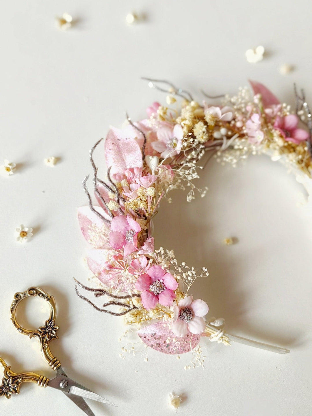 Pink Floral Crown: Communion Headband, Bridal Tiara – handmade floral hair accessory by magaela