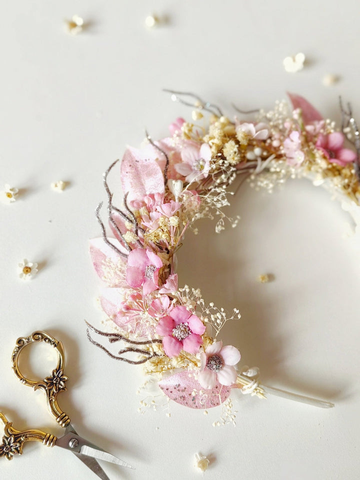 Pink Floral Crown: Communion Headband, Bridal Tiara – handmade floral hair accessory by magaela