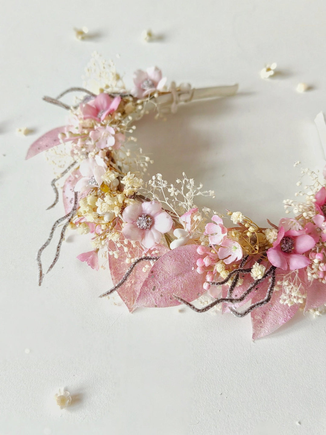 Pink Floral Crown: Communion Headband, Bridal Tiara – handmade floral hair accessory by magaela