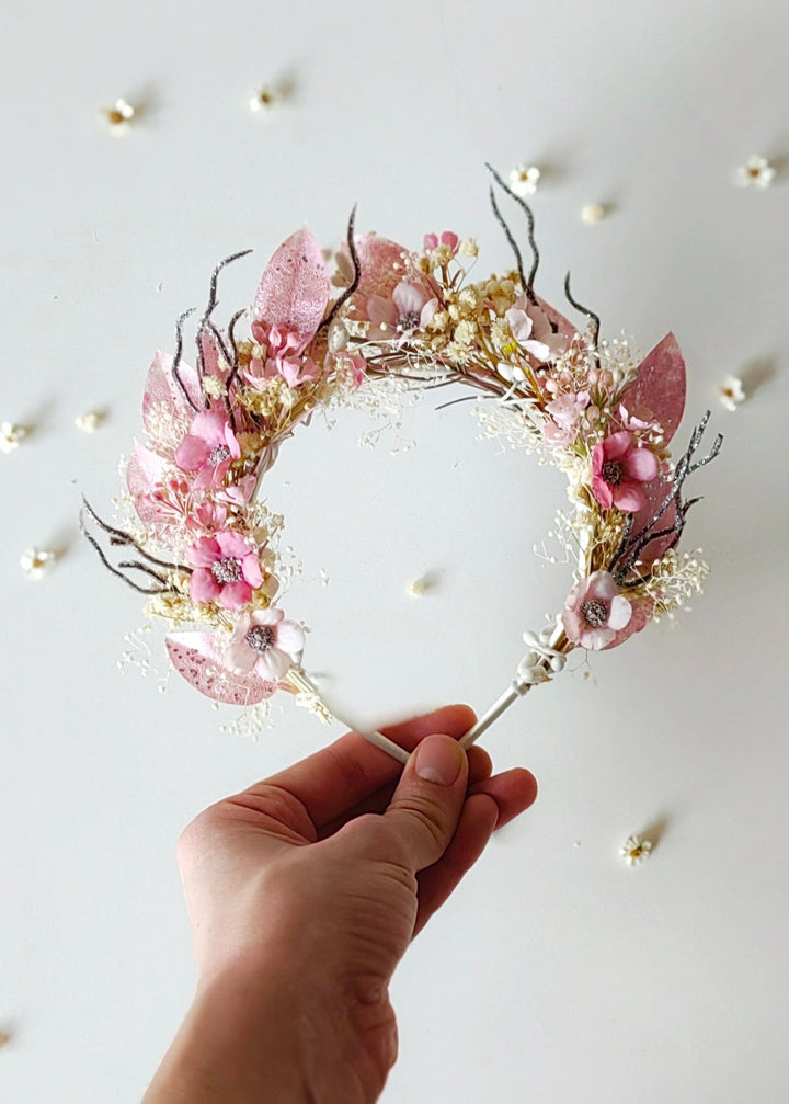 Pink Floral Crown: Communion Headband, Bridal Tiara – handmade floral hair accessory by magaela