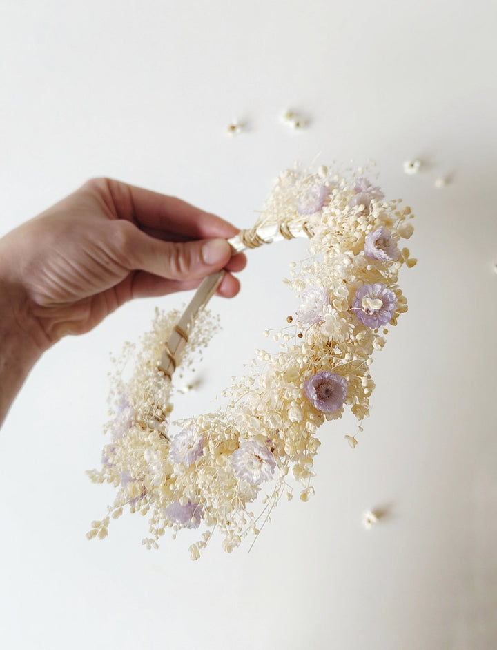 Preserved Flower Headband: Purple Cream Holy Communion Crown – handmade floral hair accessory by magaela