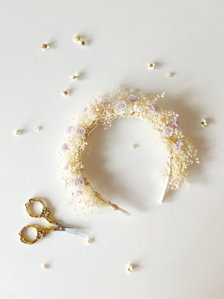 Preserved Flower Headband: Purple Cream Holy Communion Crown – handmade floral hair accessory by magaela
