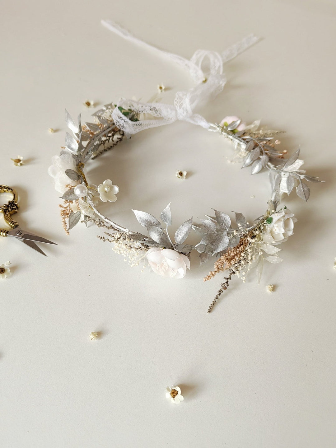White Flower Hair Wreath: First Communion Bridal Headpiece – handmade floral hair accessory by magaela