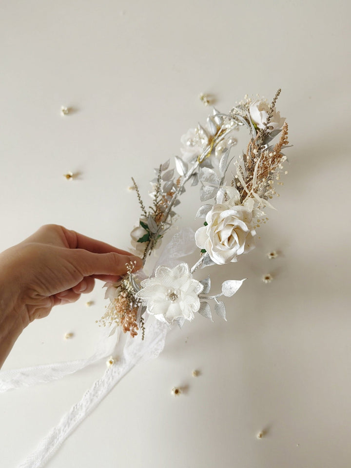 White Flower Hair Wreath: First Communion Bridal Headpiece – handmade floral hair accessory by magaela
