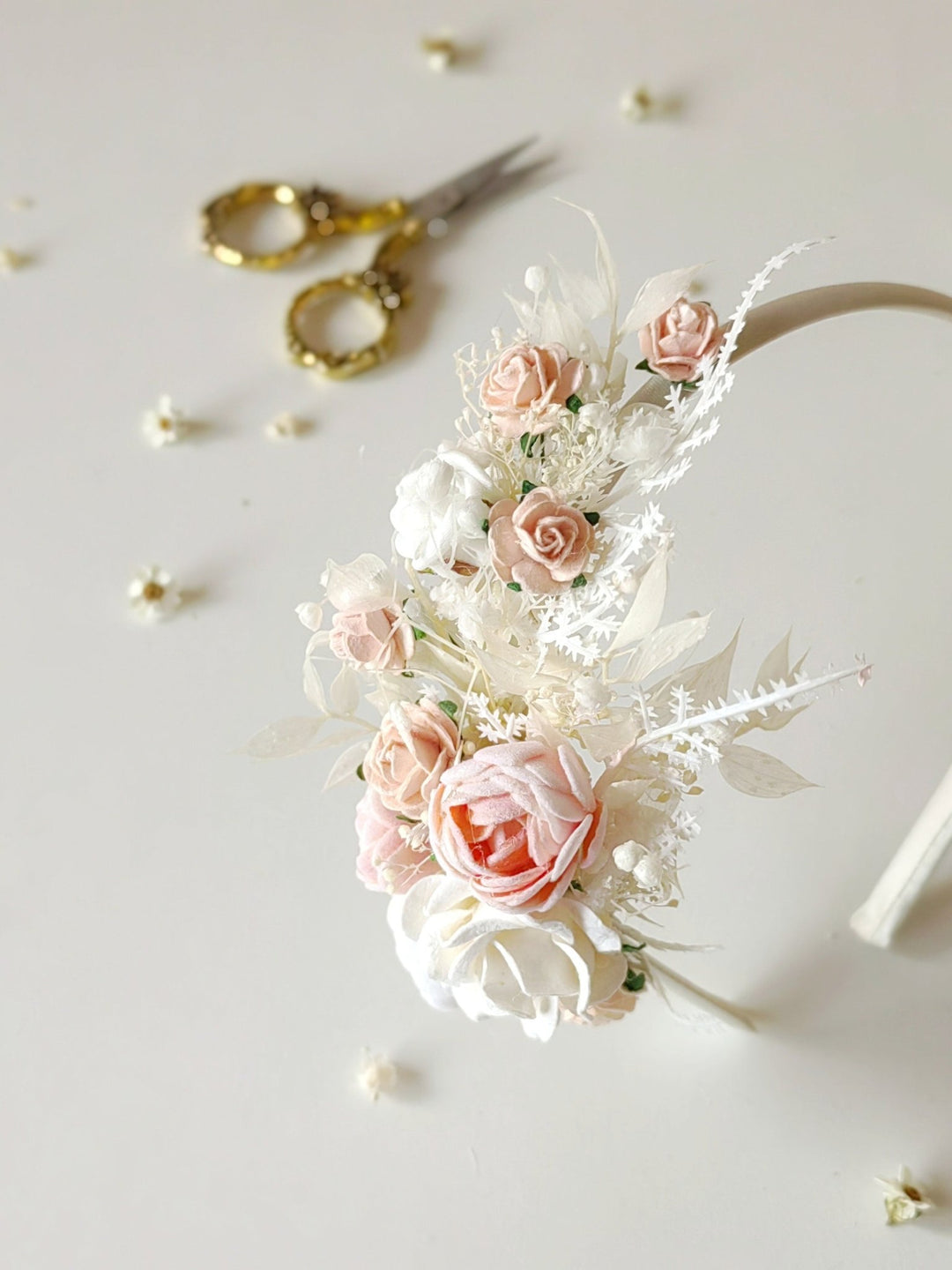 White & Pink Flower Headband: First Communion, Bridal Headpiece – handmade floral hair accessory by magaela