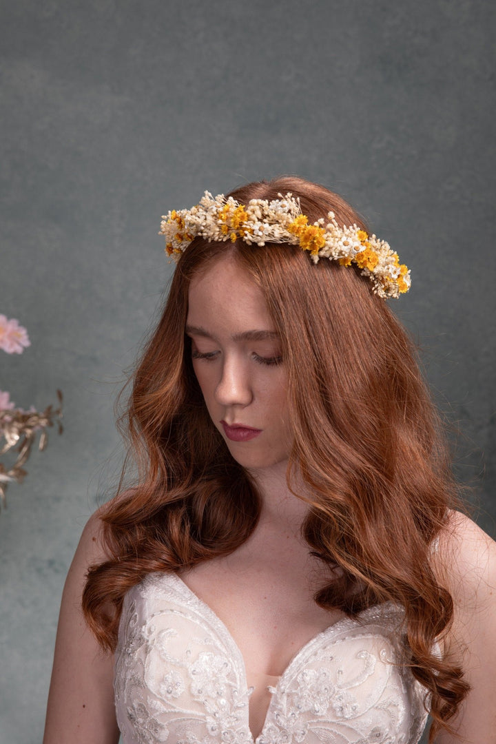 Yellow Ivory Flower Crown: Bridal Dried Floral Headpiece – handmade floral hair accessory by magaela