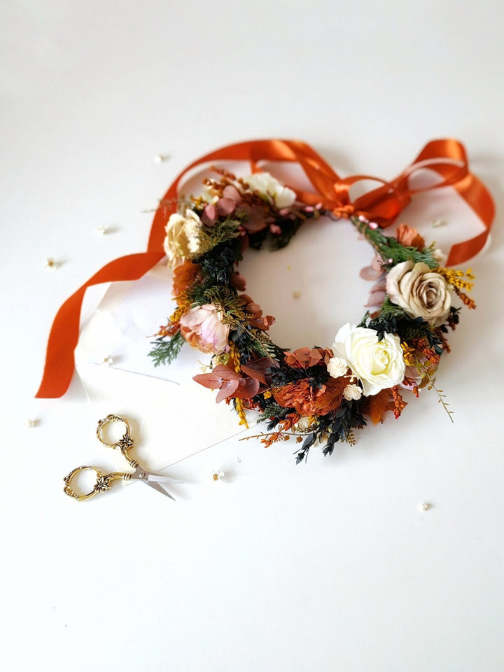 Boho Bridal Flower Crown: Terracotta Autumn Wedding Headpiece – handmade floral hair accessory by magaela