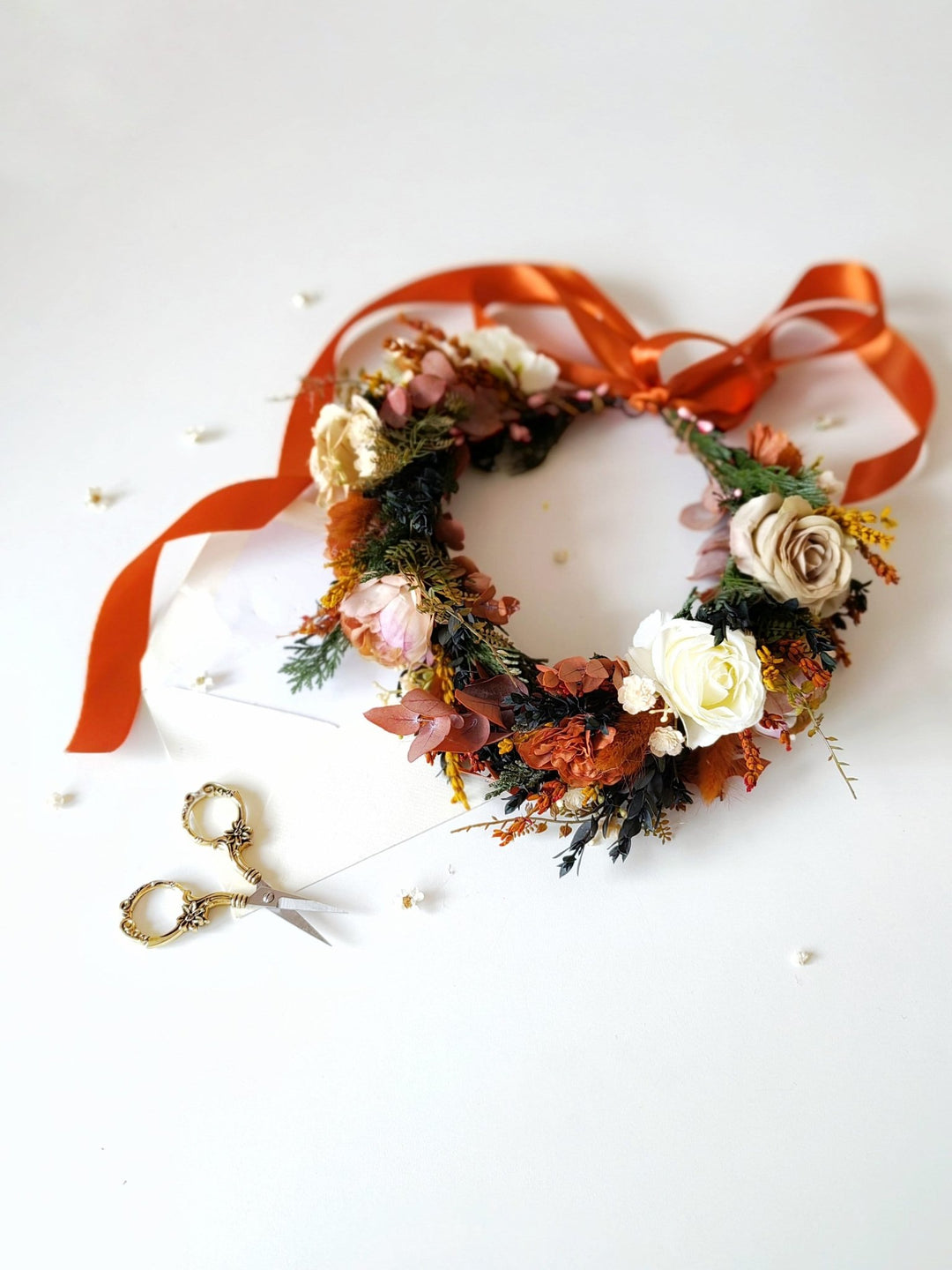 Boho Bridal Flower Crown: Terracotta Autumn Wedding Wreath – handmade floral hair accessory by magaela