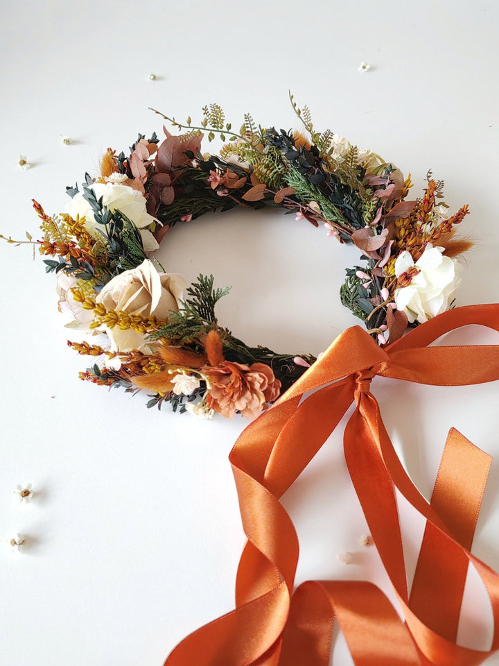 Boho Bridal Flower Crown: Terracotta Autumn Wedding Headpiece – handmade floral hair accessory by magaela