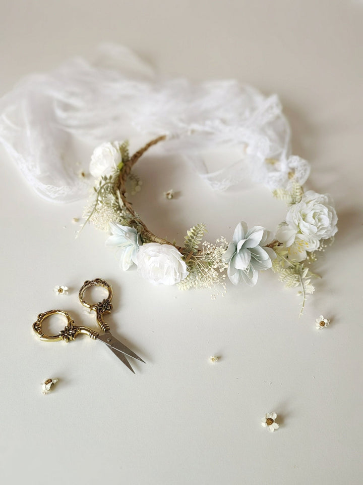 White Flower Crown with Veil: Boho Bridal Head Wreath – handmade floral hair accessory by magaela