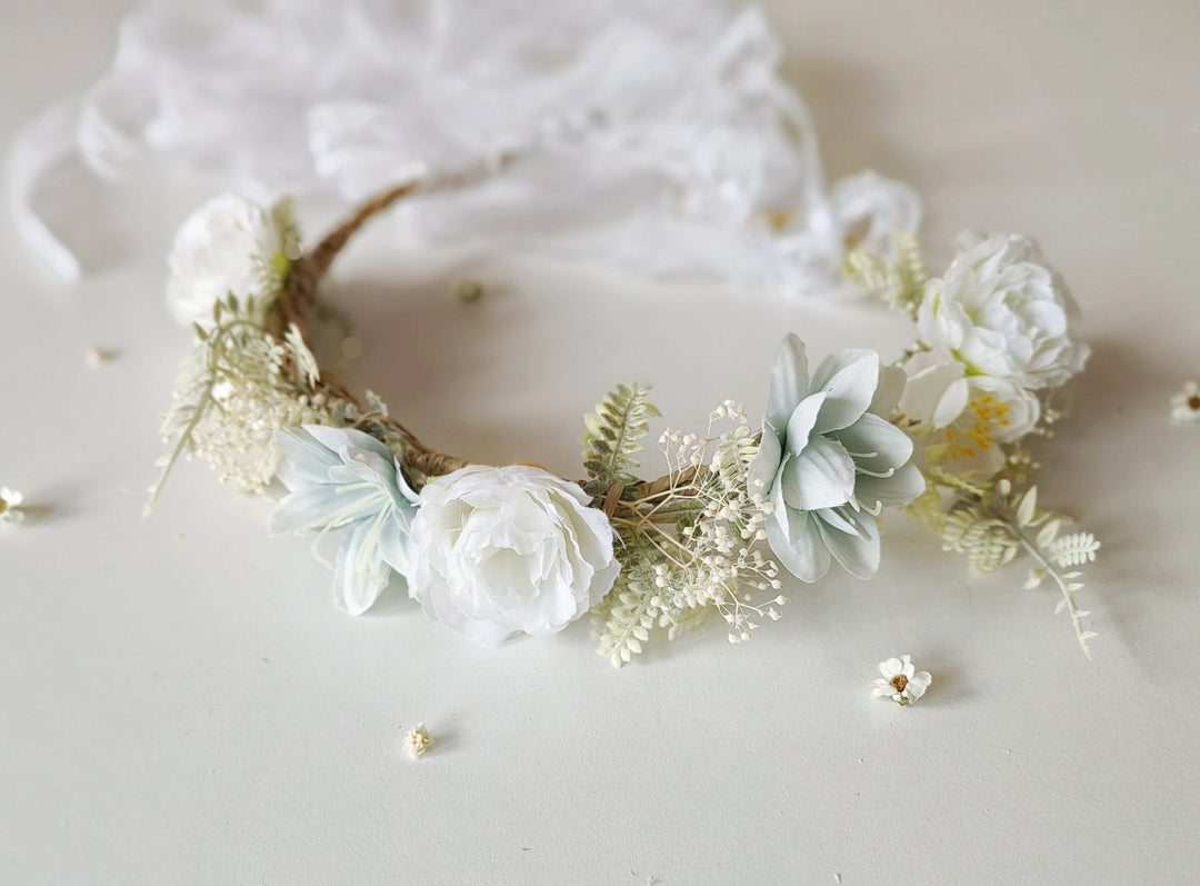 White Flower Crown with Veil: Boho Bridal Head Wreath – handmade floral hair accessory by magaela