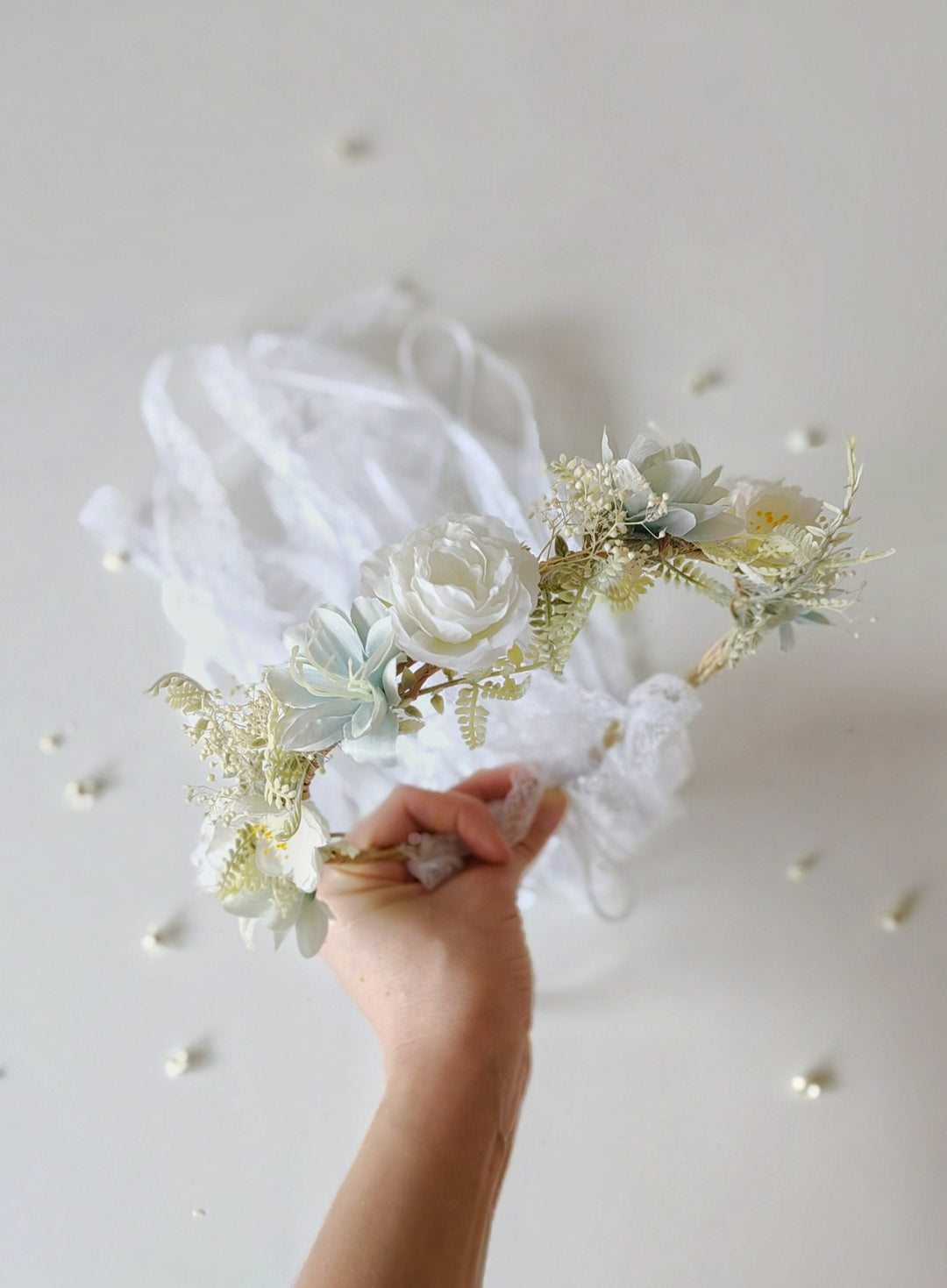 White Flower Crown with Veil: Boho Bridal Head Wreath – handmade floral hair accessory by magaela
