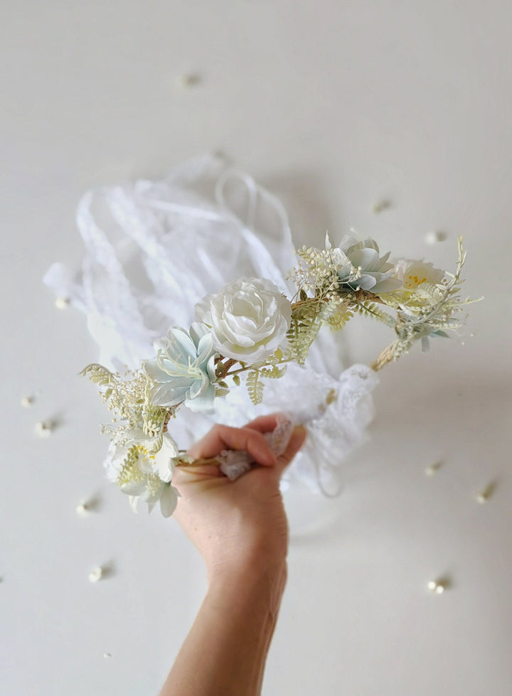 White Flower Crown with Veil: Boho Bridal Head Wreath – handmade floral hair accessory by magaela