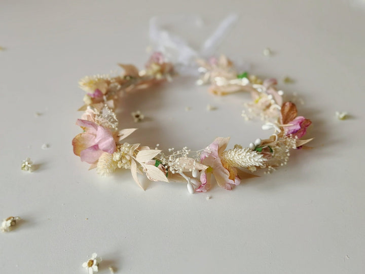 Pink Flower Hair Wreath: Holy Communion Headpiece, Fairycore Bridal Crown – handmade floral hair accessory by magaela
