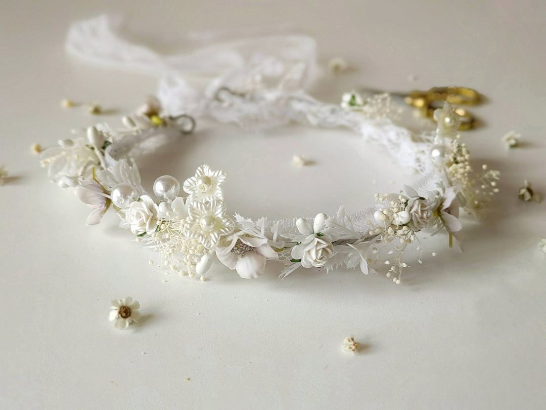 White Flower Crown: First Communion Bridal Headpiece with Pearls – handmade floral hair accessory by magaela