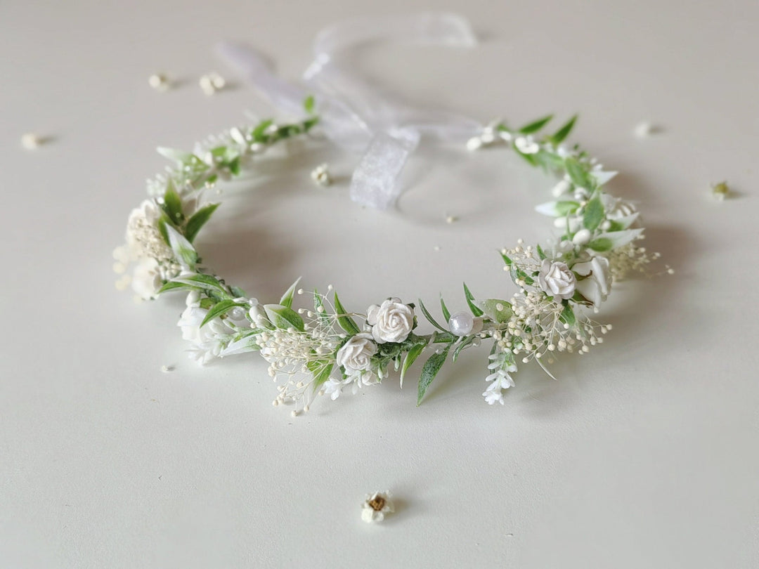 Flower Hair Wreath with Pearls: First Communion Bridal Crown – handmade floral hair accessory by magaela