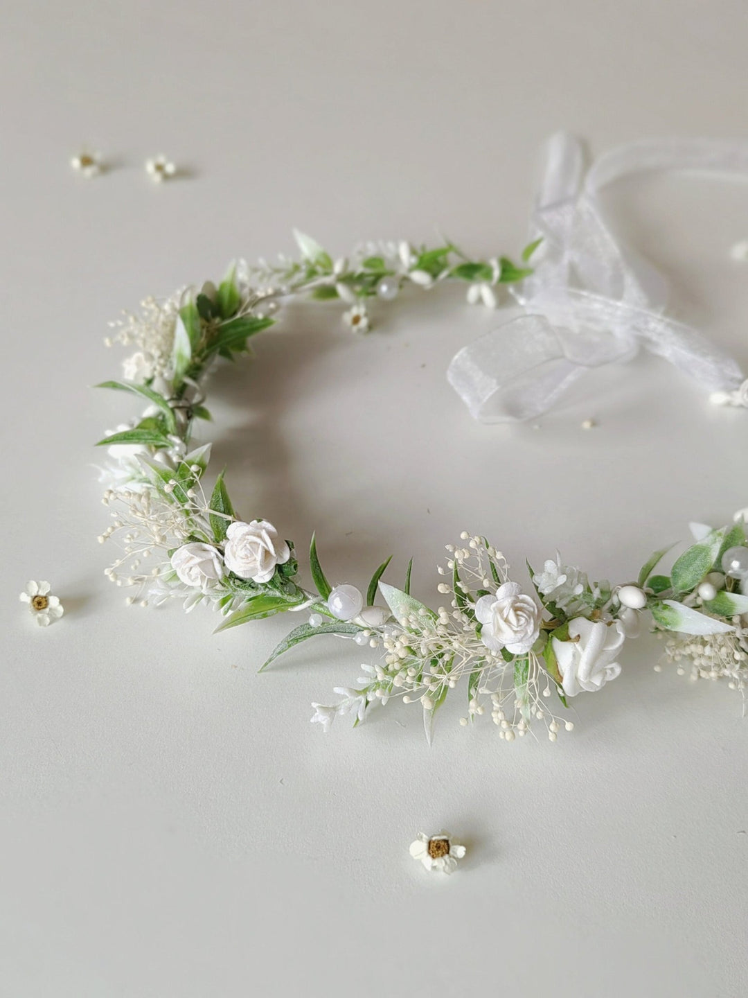 Flower Hair Wreath with Pearls: First Communion Bridal Crown – handmade floral hair accessory by magaela