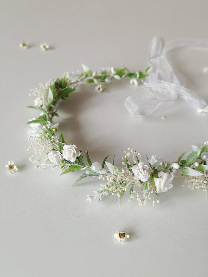 Flower Hair Wreath with Pearls: First Communion Bridal Crown – handmade floral hair accessory by magaela