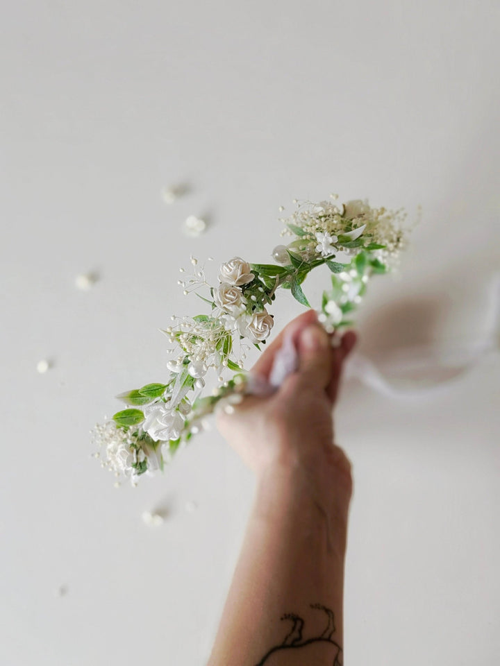 Flower Hair Wreath with Pearls: First Communion Bridal Crown – handmade floral hair accessory by magaela