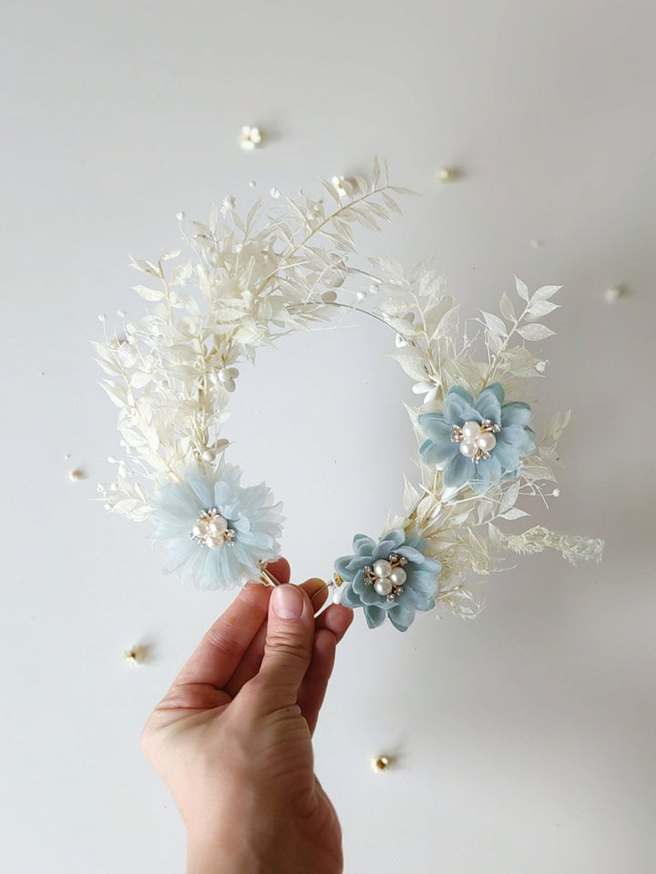Vintage Bridal Flower Crown: Cream & Blue Wedding Headpiece – handmade floral hair accessory by magaela