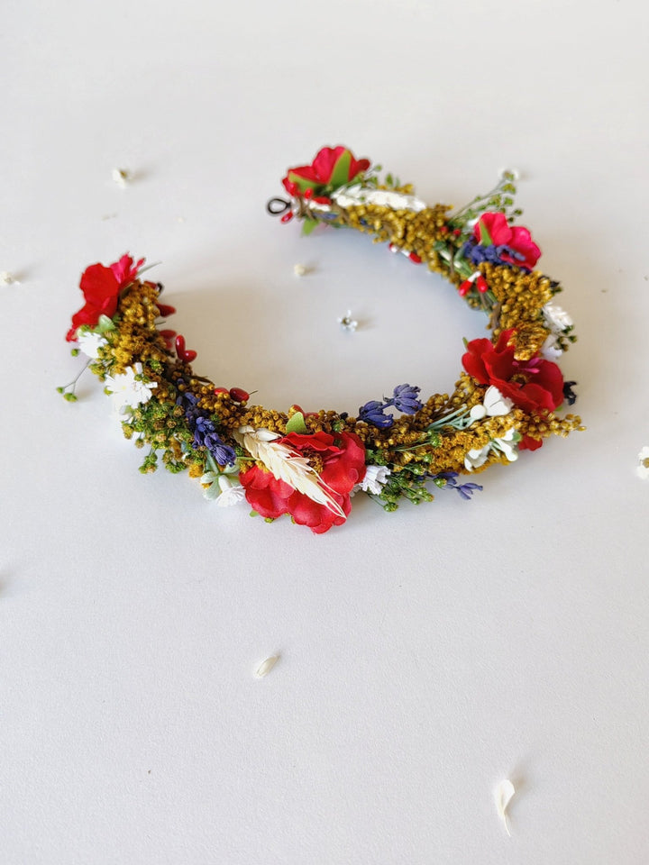 Folk Bridal Flower Half Wreath: Poppy, Lavender, Daisy Hair Crown – handmade floral hair accessory by magaela