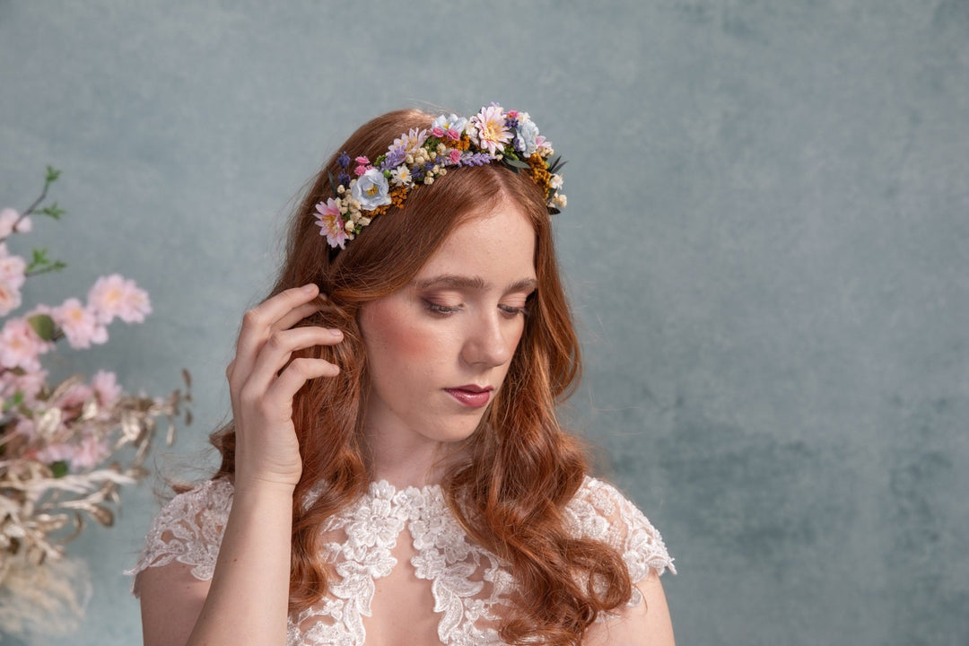 Lavender Bridal Flower Crown: Meadow Wedding Hair Wreath – handmade floral hair accessory by magaela