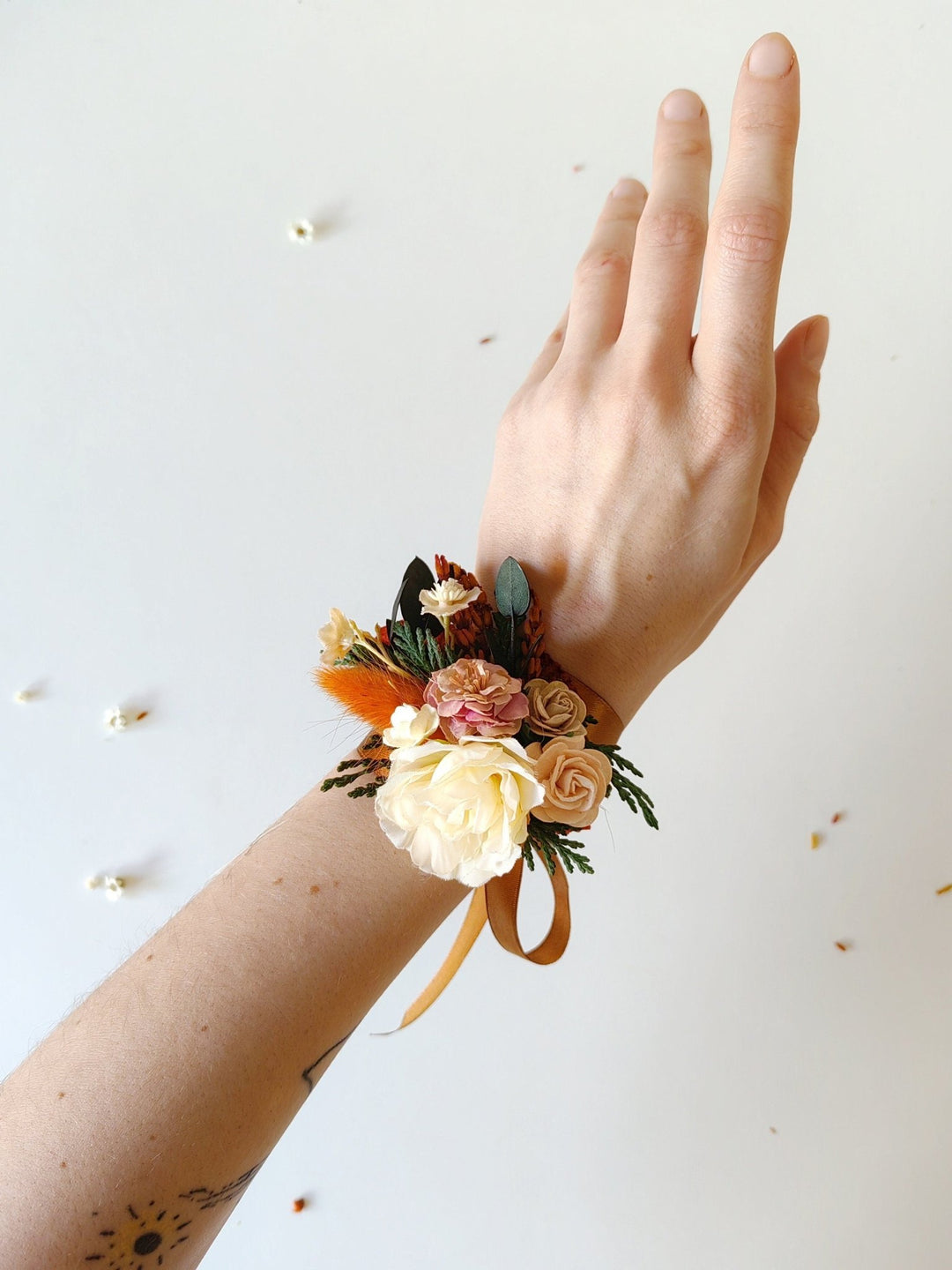 Autumn Wedding Corsage: Burnt Orange, Ivory & Pink Flower Bracelet – handmade floral hair accessory by magaela