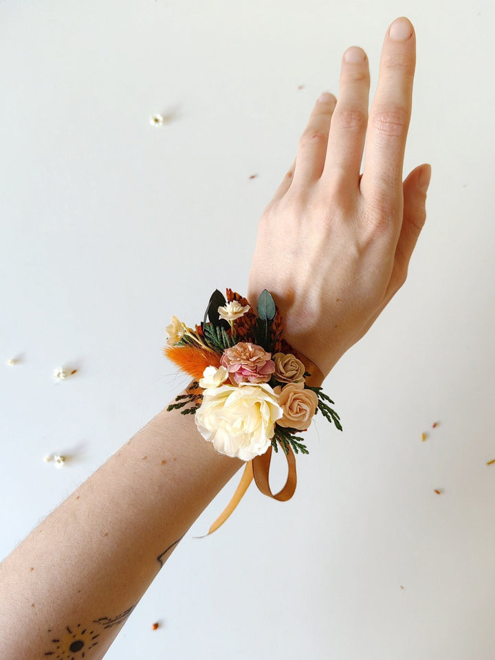 Autumn Wedding Corsage: Burnt Orange, Ivory & Pink Flower Bracelet – handmade floral hair accessory by magaela