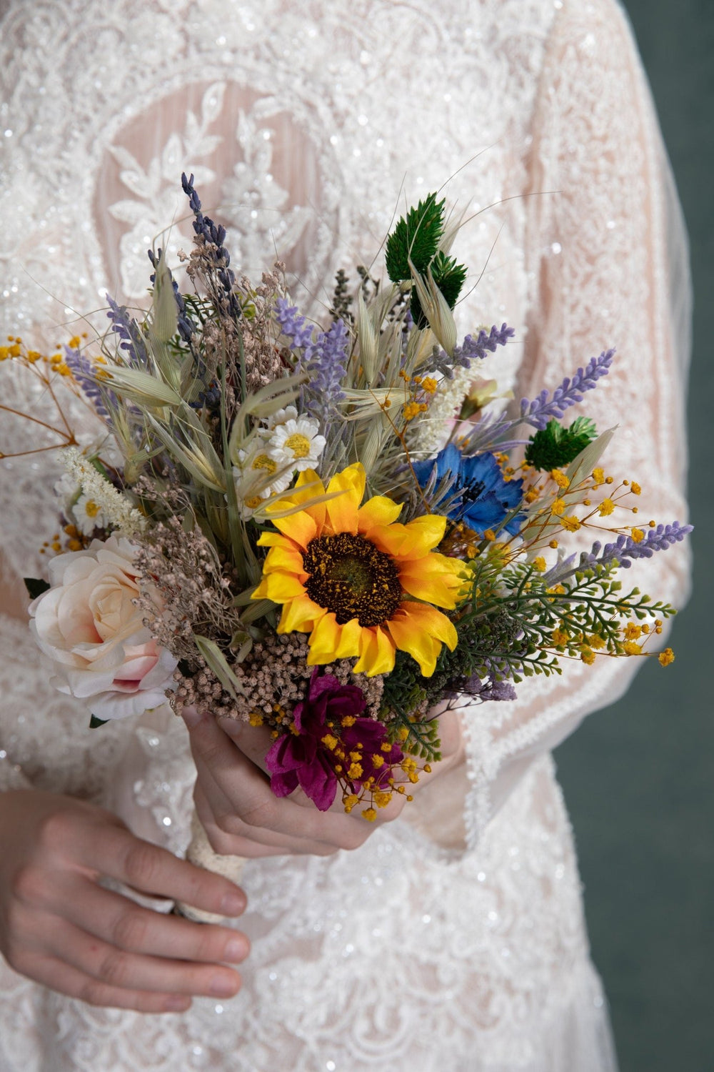 Small Sunflower Bouquet: Artificial Wildflower Bridesmaid Bouquet – handmade floral hair accessory by magaela