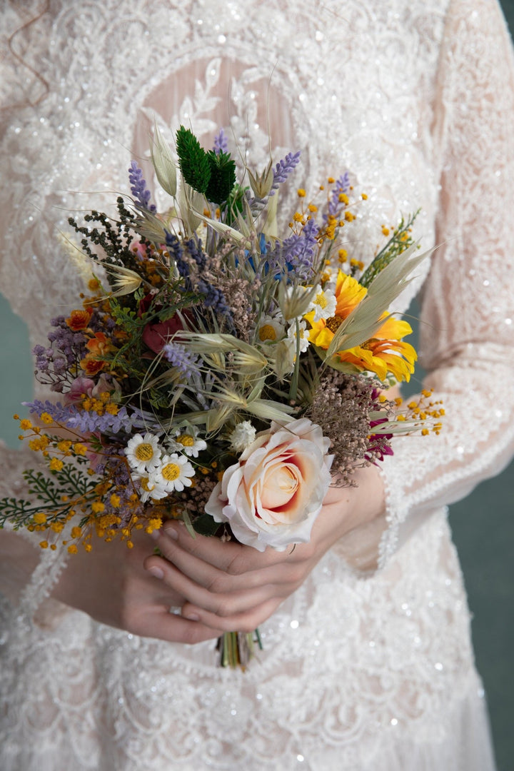 Small Sunflower Bouquet: Artificial Wildflower Bridesmaid Bouquet – handmade floral hair accessory by magaela