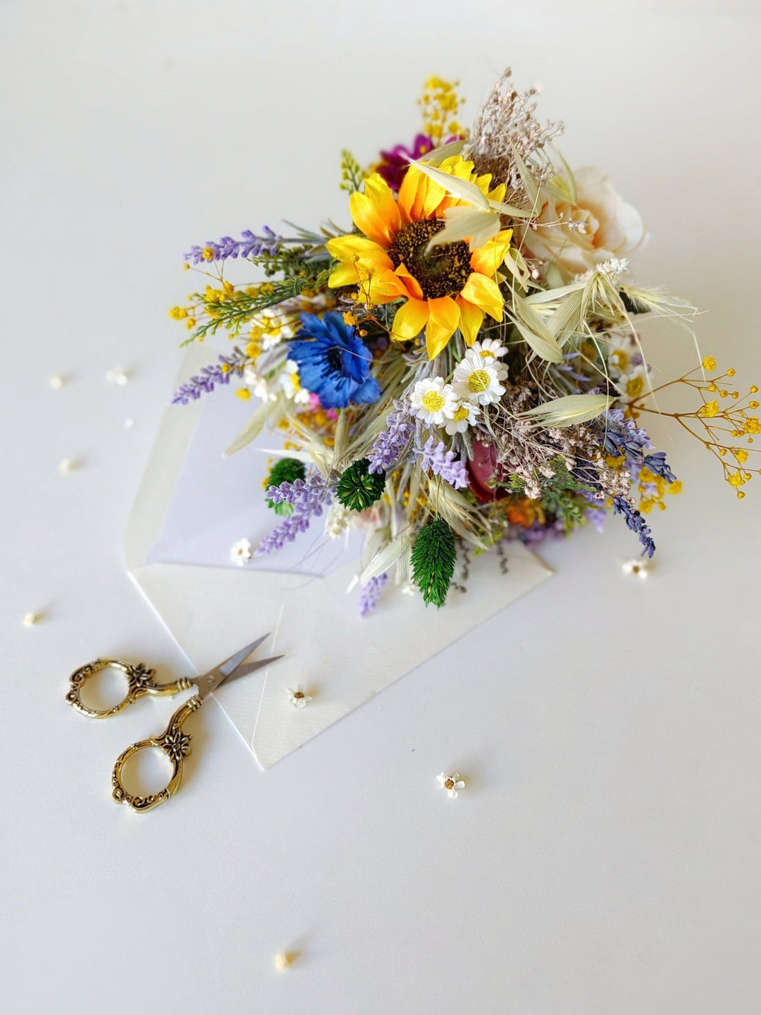 Small Sunflower Bouquet: Artificial Wildflower Bridesmaid Bouquet – handmade floral hair accessory by magaela