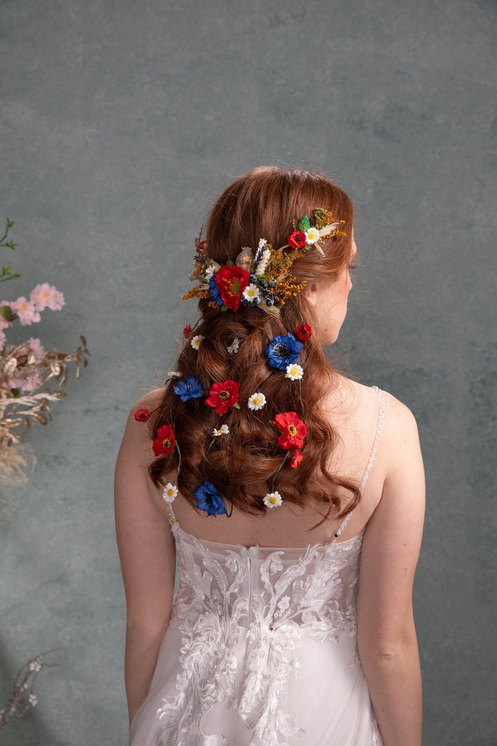 Folk Bridal Flower Hair Vine: Poppy, Cornflower, Daisy Veil – handmade floral hair accessory by magaela