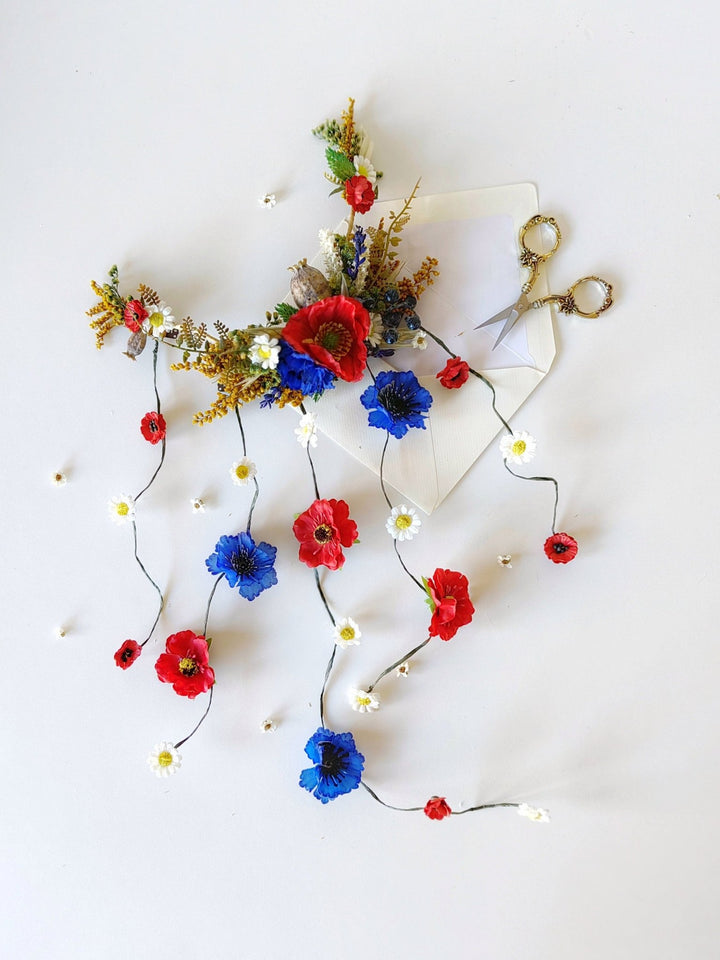 Folk Bridal Flower Hair Vine: Poppy, Cornflower, Daisy Veil – handmade floral hair accessory by magaela