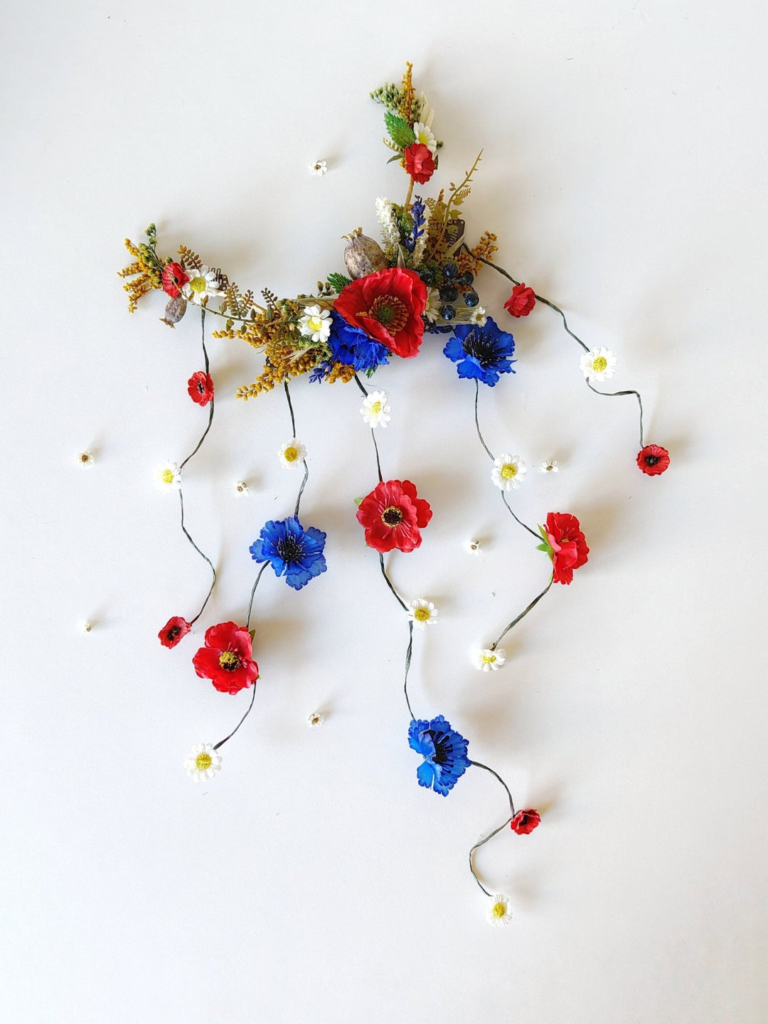Folk Bridal Flower Hair Vine: Poppy, Cornflower, Daisy Veil – handmade floral hair accessory by magaela