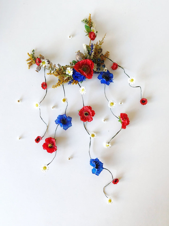 Folk Bridal Flower Hair Vine: Poppy, Cornflower, Daisy Veil – handmade floral hair accessory by magaela