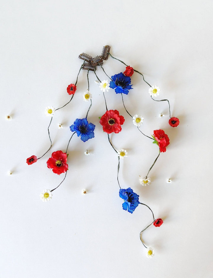 Folk Bridal Flower Hair Vine: Poppy, Cornflower, Daisy Veil – handmade floral hair accessory by magaela